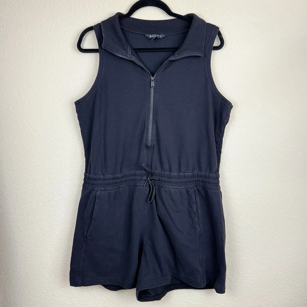Athleta Retroterry Romper Black Zip Front  Athleisure Preppy Sz XL Tennis Sporty